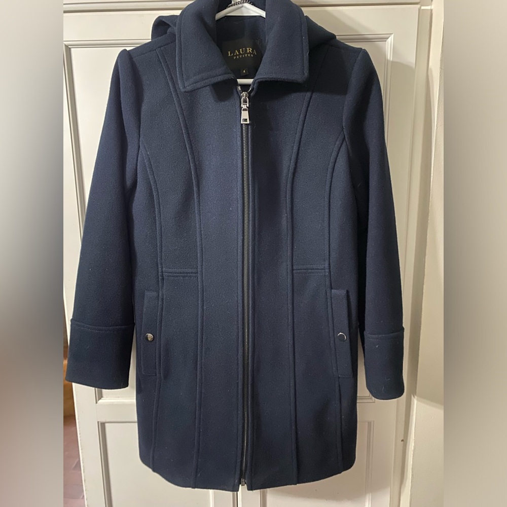Navy blue wool jacket with zipper and removable hood